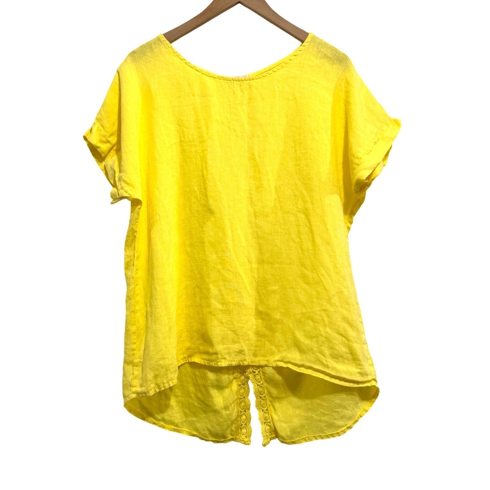Terzo Millennio Yellow 100% Linen Lace Back Top Made in‎ Italy Size L ART 6047A